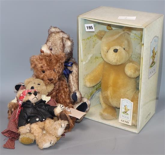 Four modern collectors bears and one boxed Gund Winnie the Pooh